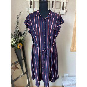 NWT Motherhood Maternity Navy White Pink Stripped Button Up Dress XL